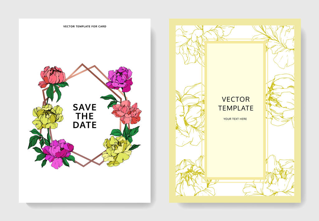Vector bruiloft elegante uitnodigingskaarten met paars, geel en levende koraal pioenrozen illustratie op witte achtergrond. - Vector, afbeelding