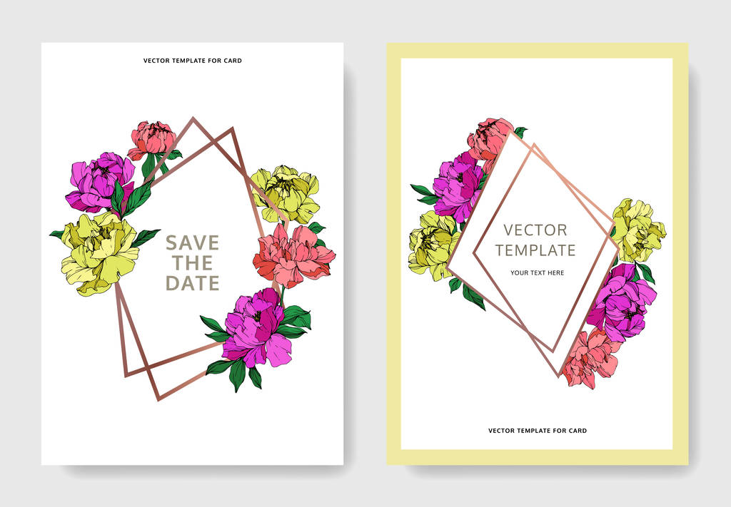 Casamento vetorial elegantes cartões de convite com roxo, amarelo e vivo peônias de coral ilustração no fundo branco
. - Vetor, Imagem