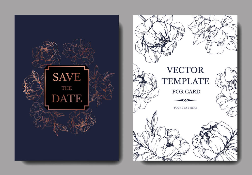 Векторне весілля елегантні темно-сині та білі запрошення листівки з ілюстрацією півоній
. - Вектор, зображення
