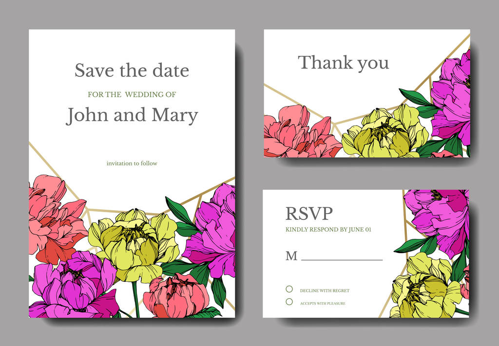 Vector bruiloft elegante uitnodigingskaarten met paars, geel en levende koraal pioenrozen illustratie op witte achtergrond. - Vector, afbeelding