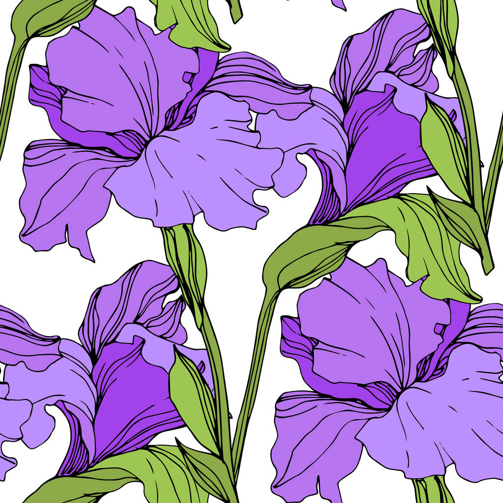 Vector isolated purple irises. Seamless background pattern. Fabric wallpaper print texture. - Vector, Image
