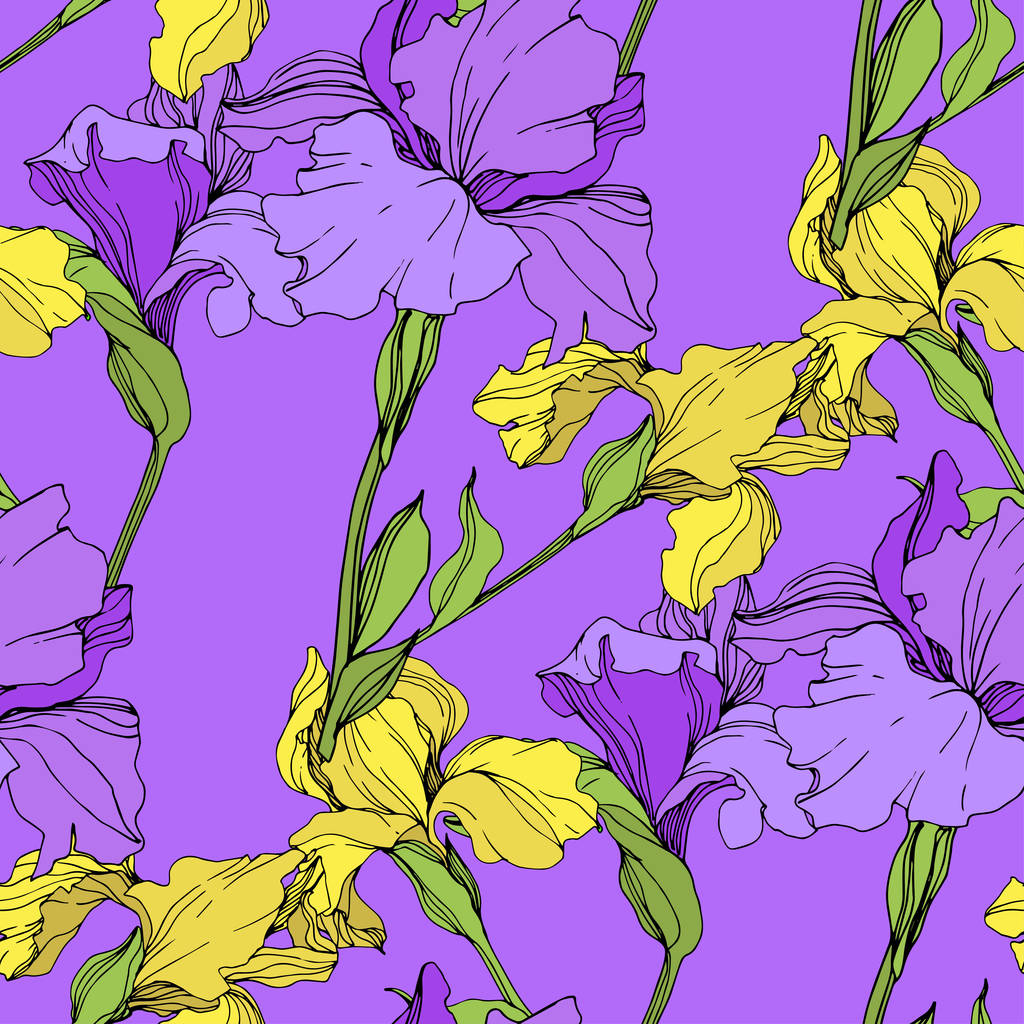 Vector isolated purple and yellow irises. Seamless background pattern. Fabric wallpaper print texture. - Vector, Image