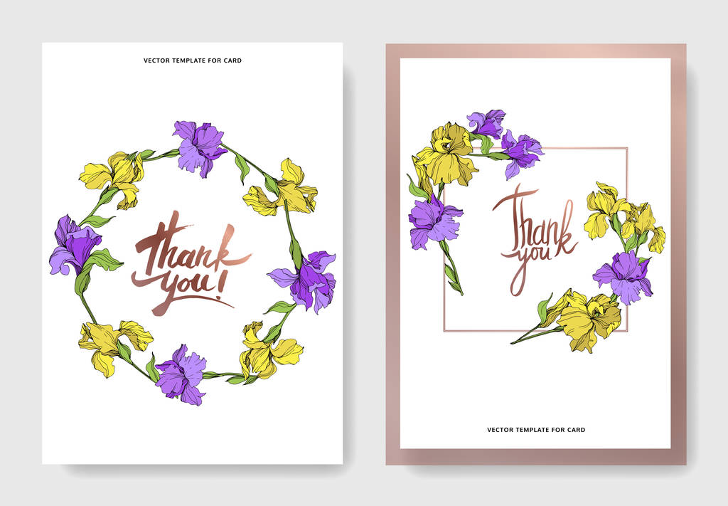 Cartes d'invitation de mariage élégantes vectorielles avec iris jaune et violet
. - Vecteur, image