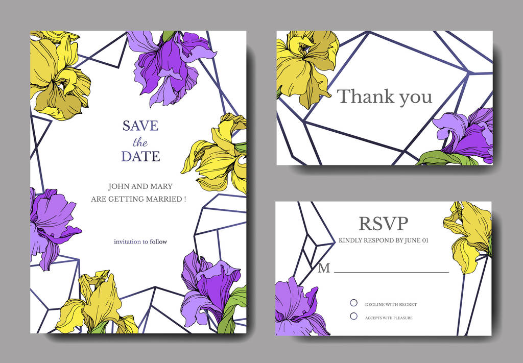 Vector elegantes cartões de convite de casamento com íris amarelas e roxas
. - Vetor, Imagem