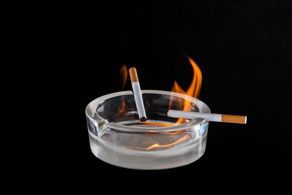 Atelierblick auf Glasaschentopf mit brennenden Zigaretten isoliert auf schwarz - Foto, Bild