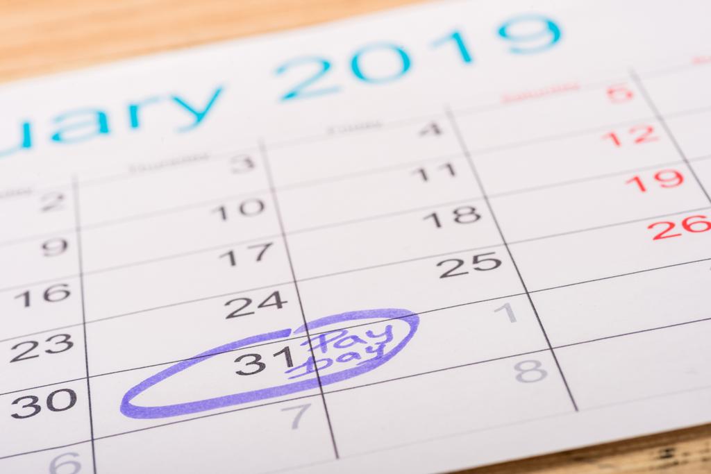 selective focus of calendar with marked number 31 and 'pay day' lettering - Photo, Image