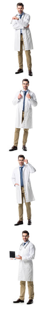 kollázs a jóképű orvos fehér kabátot, digitális tabletta, szemüveg és elszigetelt fehér sztetoszkóp - Fotó, kép