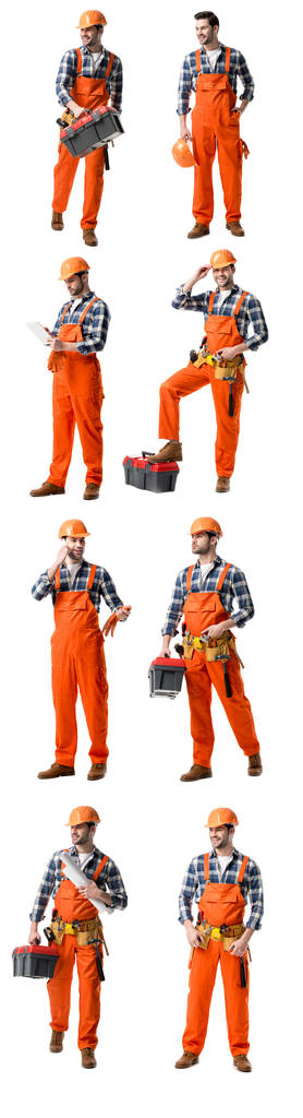 colagem de reparador bonito em caso de ferramenta de retenção uniforme laranja, plantas e falando no smartphone isolado no branco
 - Foto, Imagem