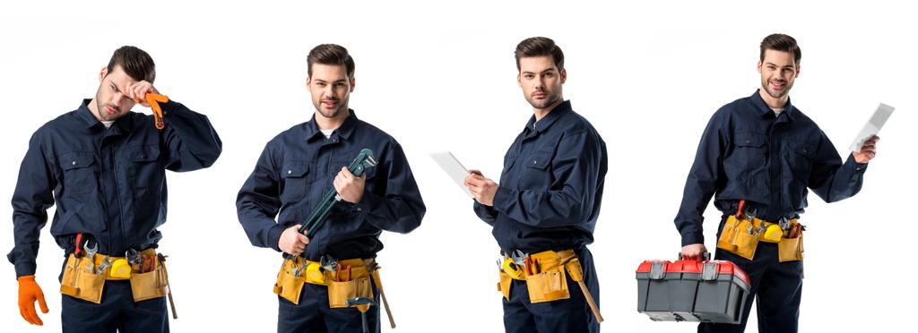 collage of handsome plumber in blue uniform wiping forehead, holding notebook and tools isolated on white - Photo, Image