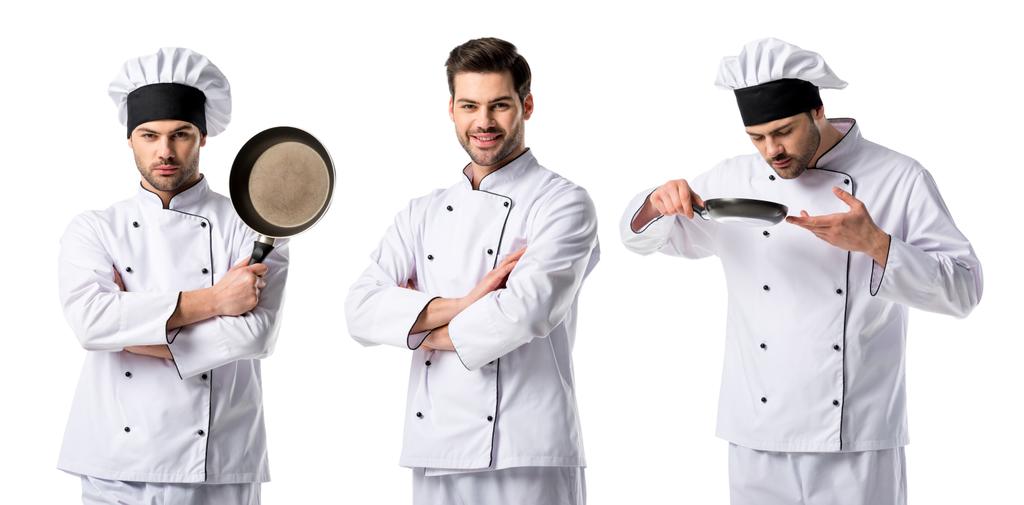collage di bel cuoco in uniforme bianca sorridente e con padella isolata su bianco
  - Foto, immagini