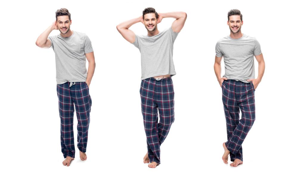 colagem de bonito relaxante jovem no pijama de pé e sorrindo isolado no branco
 - Foto, Imagem
