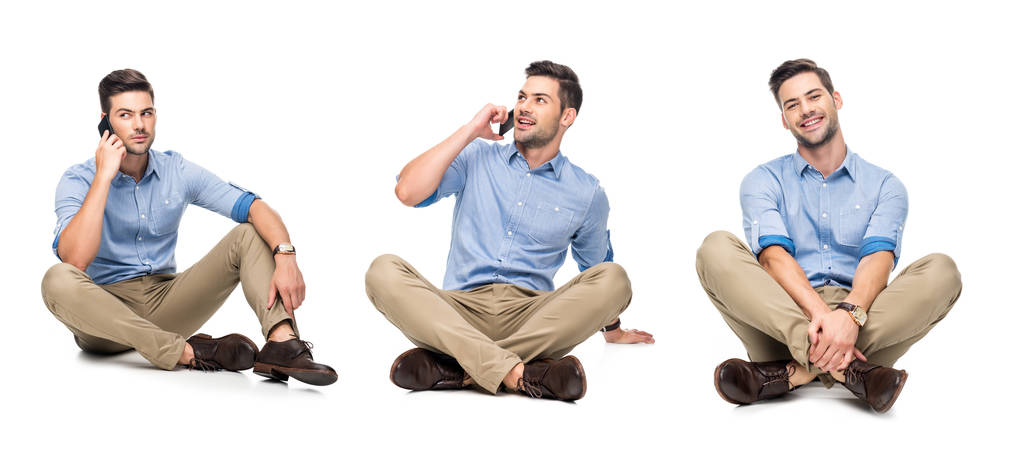 collage of handsome office worker in blue shirt and beige pants sitting on floor and talking on smartphone isolated on white - Photo, Image