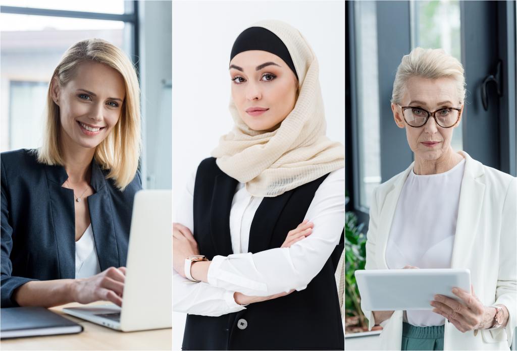 collage di diverse nazionalità e donne d'affari in età utilizzando gadget sul posto di lavoro in ufficio
 - Foto, immagini