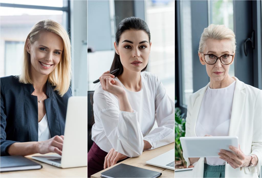 collage di donne d'affari di età diversa che utilizzano gadget sul posto di lavoro in ufficio
 - Foto, immagini
