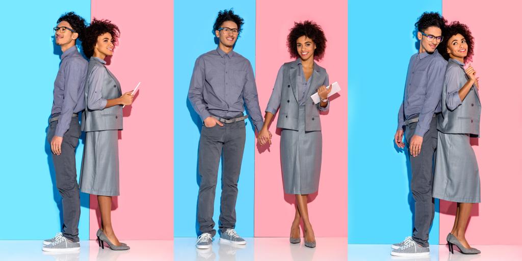 collage di giovane imprenditrice afroamericana e uomo che si tiene per mano e lavora con gadget su sfondo blu e rosa
 - Foto, immagini