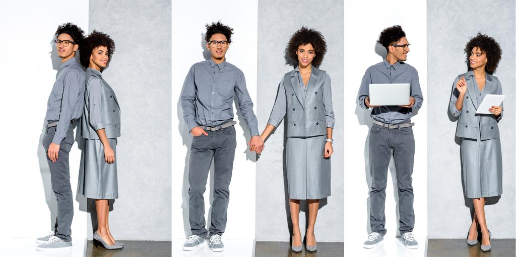 colagem de jovem empresária afro-americana e homem de mãos dadas, trabalhando com gadgets em fundo cinza e branco
 - Foto, Imagem