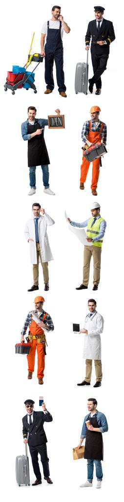 collage of handsome man showing different professions isolated on white - Photo, Image