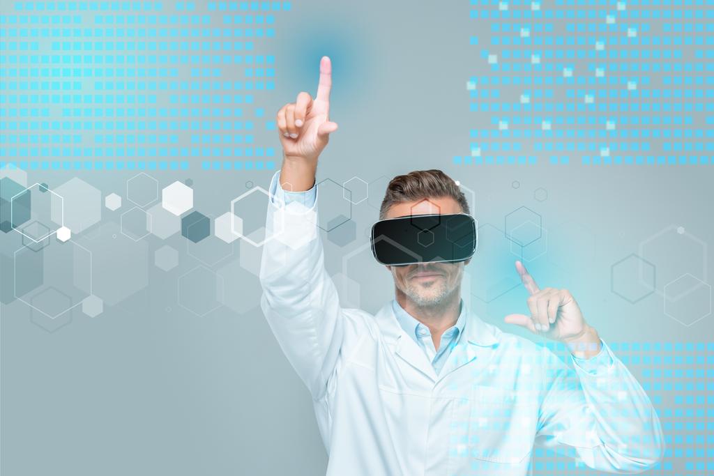 scientist in virtual reality headset touching medical interface isolated on grey, artificial intelligence concept - Photo, Image