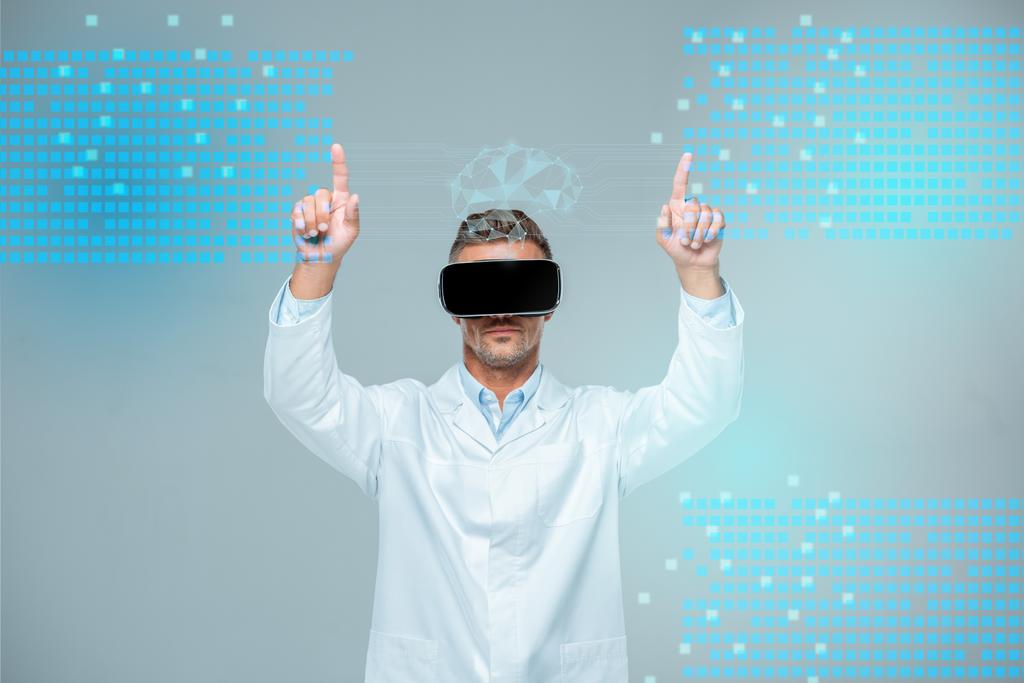 scientist in virtual reality headset touching medical interface with brain isolated on grey, artificial intelligence concept - Photo, Image