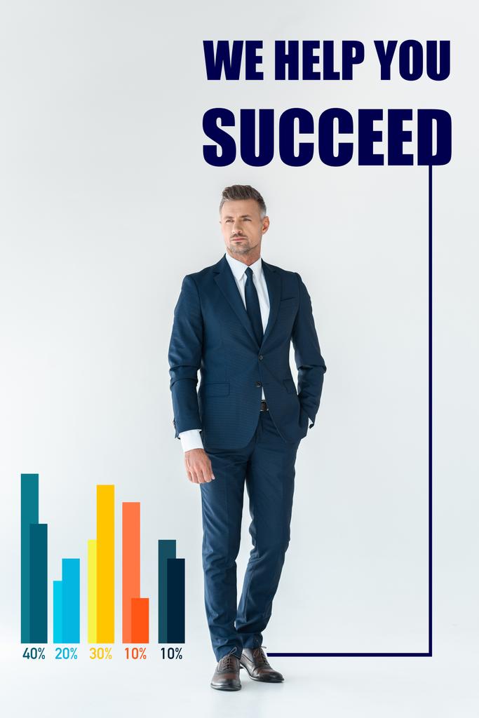 komea liikemies sinisessä puvussa seisoo ja etsii pois eristyksissä valkoinen "autamme sinua menestymään" kirjoitus
 - Valokuva, kuva
