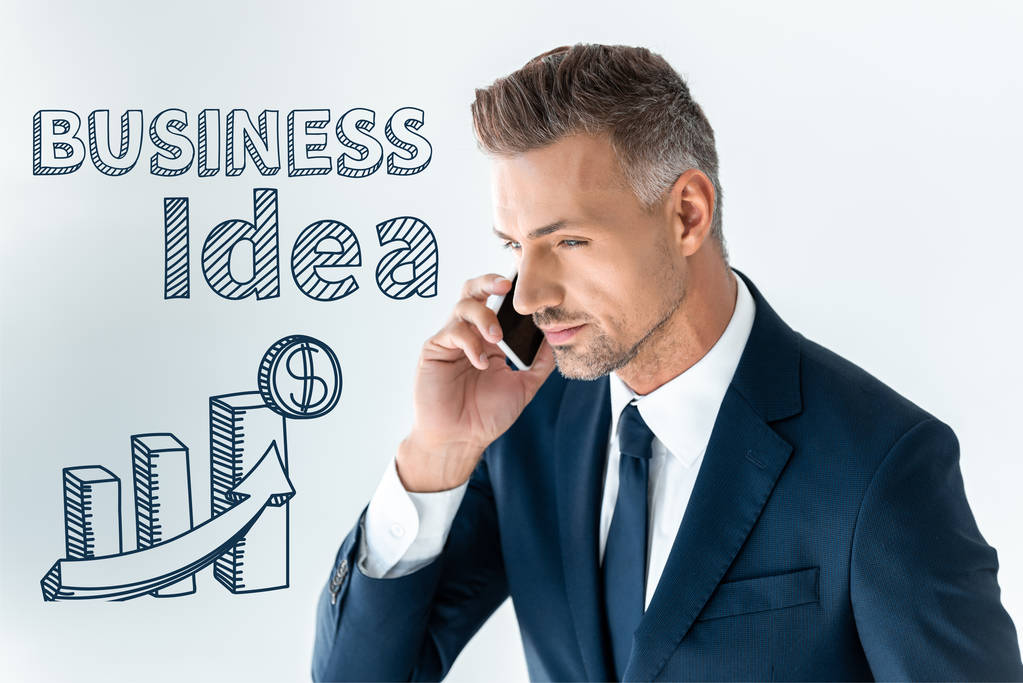 портрет красивого бізнесмена, який говорить по смартфону ізольовано на білому з бізнес-ідеєю
 - Фото, зображення