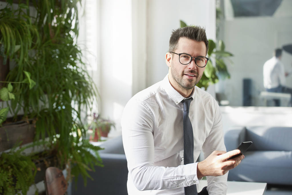 Ritratto di uomo d'affari che utilizza il suo telefono cellulare e SMS mentre è seduto in ufficio
.  - Foto, immagini