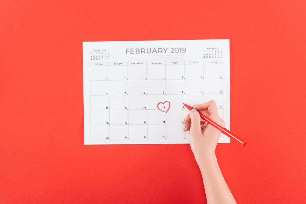 обрізаний вид жінки, що тримає маркер за календарем з 14-ю датою лютого, позначеною ізольованою на червоному, концепція дня святого Валентина
 - Фото, зображення