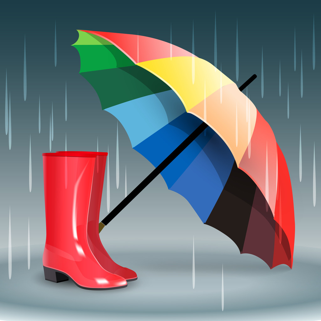 Rubber boots and umbrella - Vector, Image