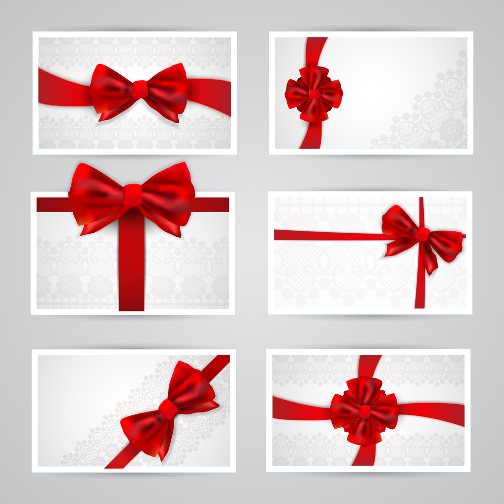 Conjunto de hermosas tarjetas con lazos de regalo rojos
 - Vector, imagen