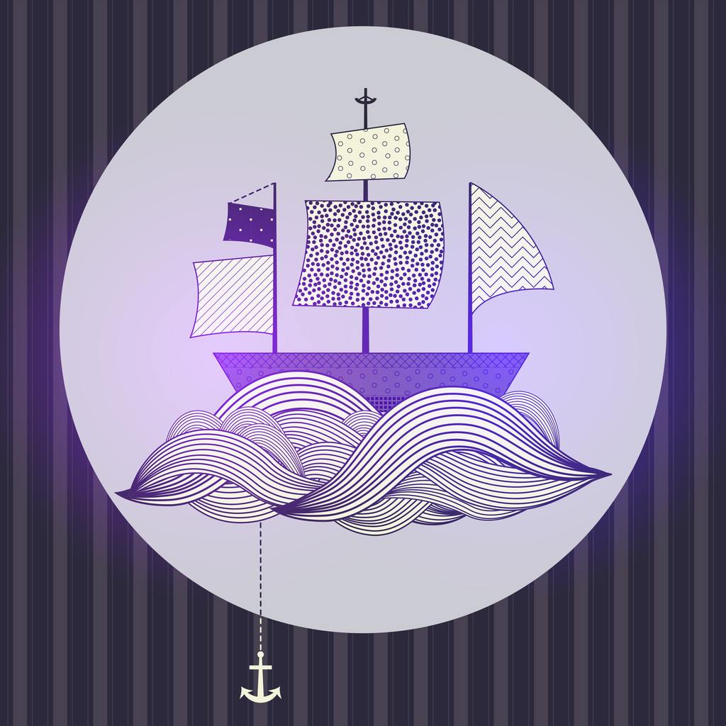 стильний морський пейзаж з човном
 - Вектор, зображення