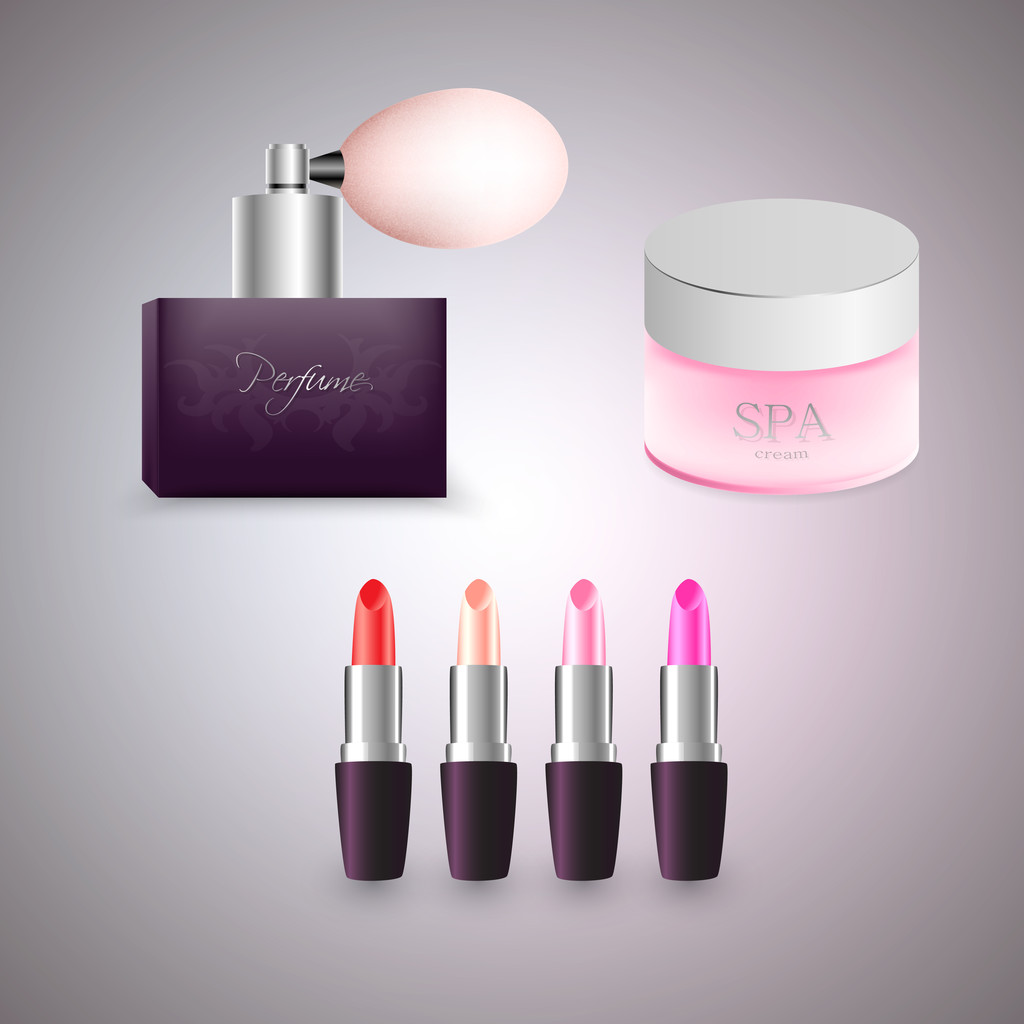 Perfume, cream and lipsticks. Vector illustration. - Vector, Image