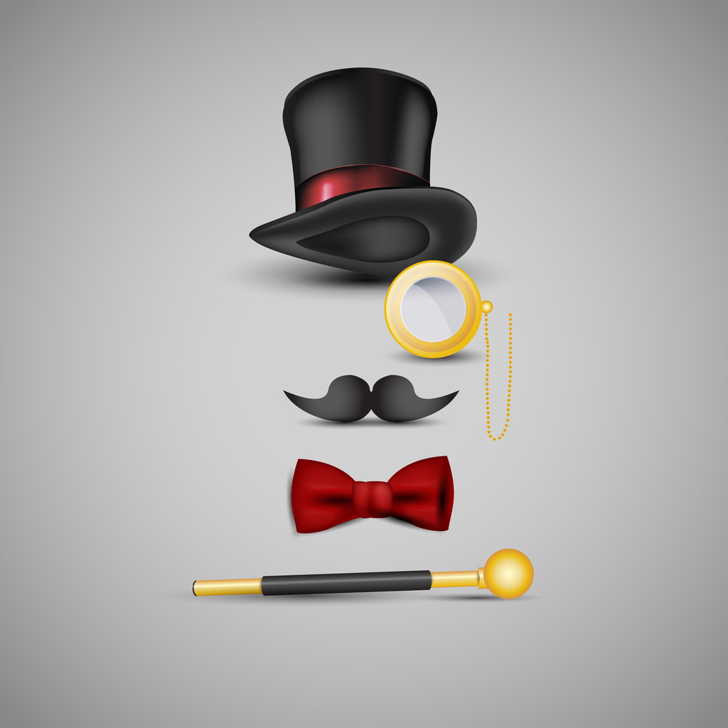魔術師のキット： トップの帽子、口ひげを生やして、モノクル、蝶ネクタイの杖 - ベクター画像