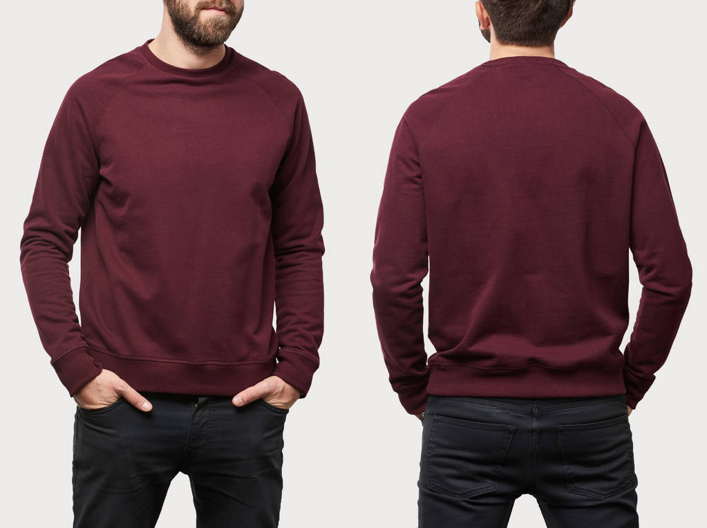 collage van man in Bourgondië sweatshirt met kopie ruimte geïsoleerd op wit - Foto, afbeelding