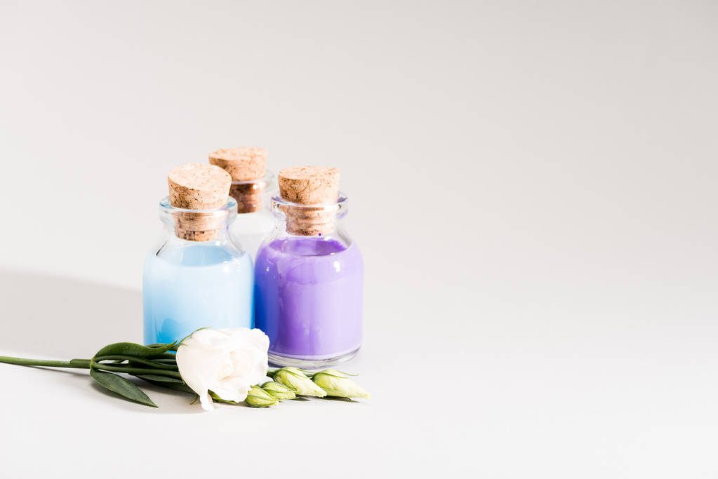 Shot στούντιο των γυάλινων φιαλών με πολύχρωμο υγρό και λουλούδια σε γκρι - Φωτογραφία, εικόνα