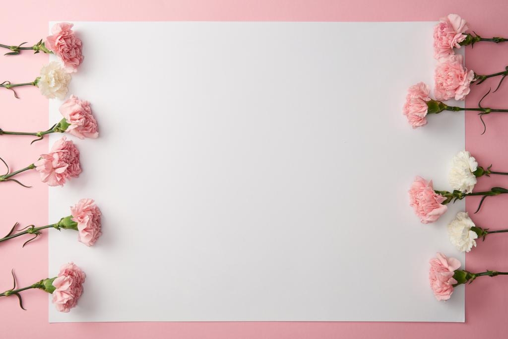 top view of beautiful pink and white flowers and blank card on pink background - Photo, Image