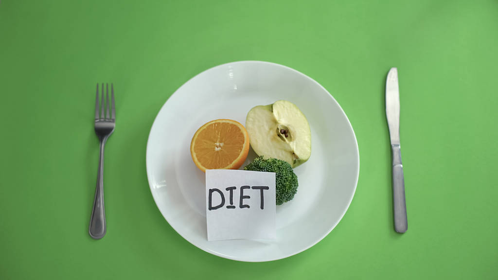 Not meyve ve sebze, sağlıklı beslenme ile plaka üzerinde yazılı Diyet - Fotoğraf, Görsel