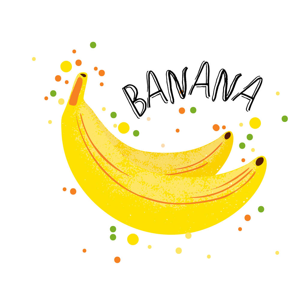 Vector hand tekenen banaan illustratie. Gele rijpe bananen met SAP plons geïsoleerd op een witte achtergrond. Getextureerde banaan met plonsen, SAP tropisch fruit met woord bananen op de top. Verse silhouet - Vector, afbeelding