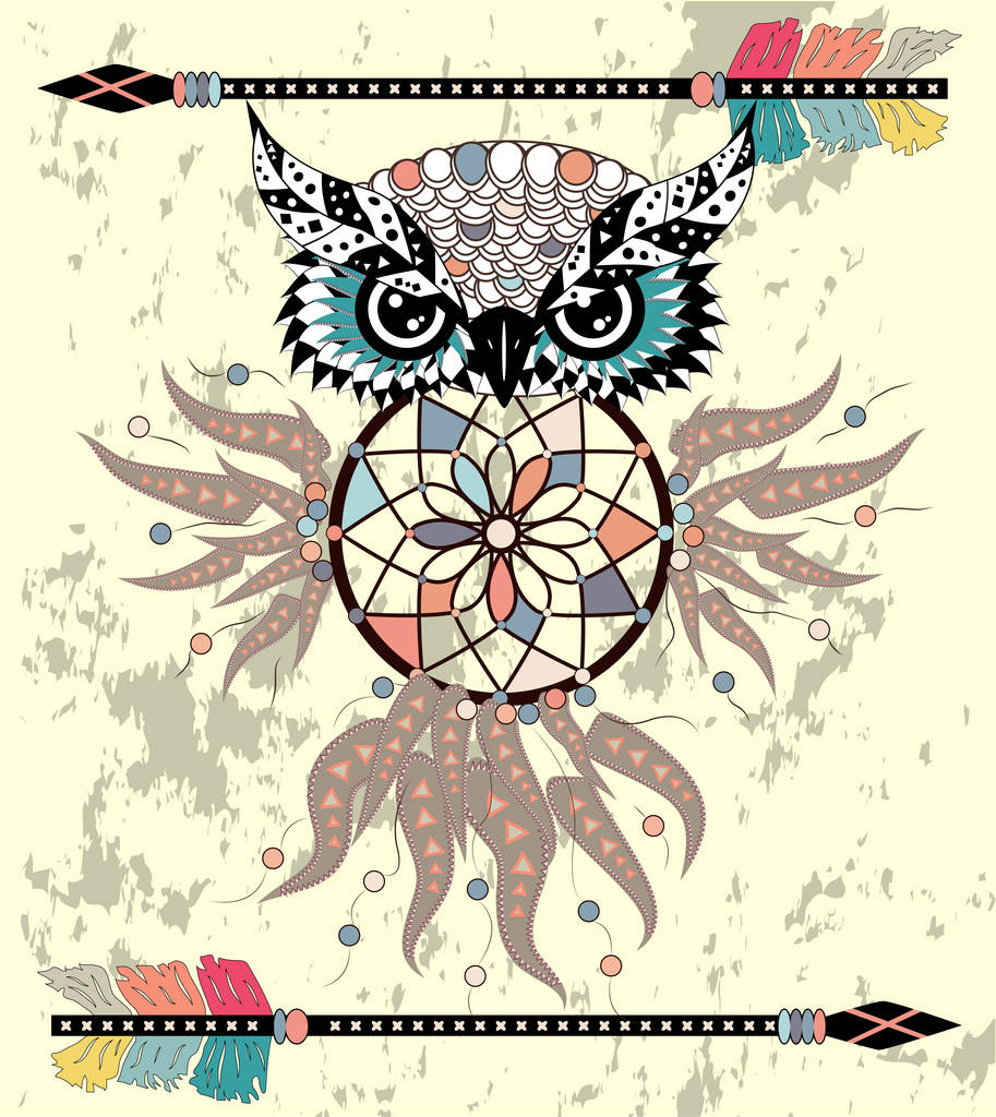 Búho de dibujo con flechas tribales y atrapasueños
 - Vector, Imagen