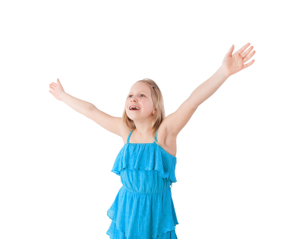 šťastná dívka s rukama nahoru izolované na bílém - Fotografie, Obrázek