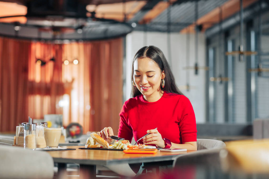 Mujer atractiva con pelo largo y oscuro almorzando en el restaurante
 - Foto, imagen