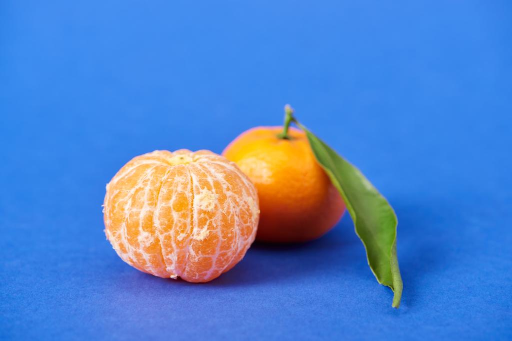 mandarine biologique pelée près de clémentine avec zeste sur fond bleu
  - Photo, image