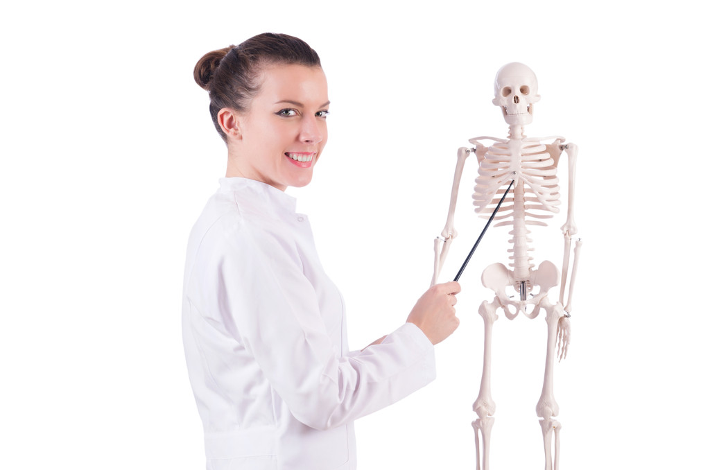 Doctor with skeleton on white - Photo, Image