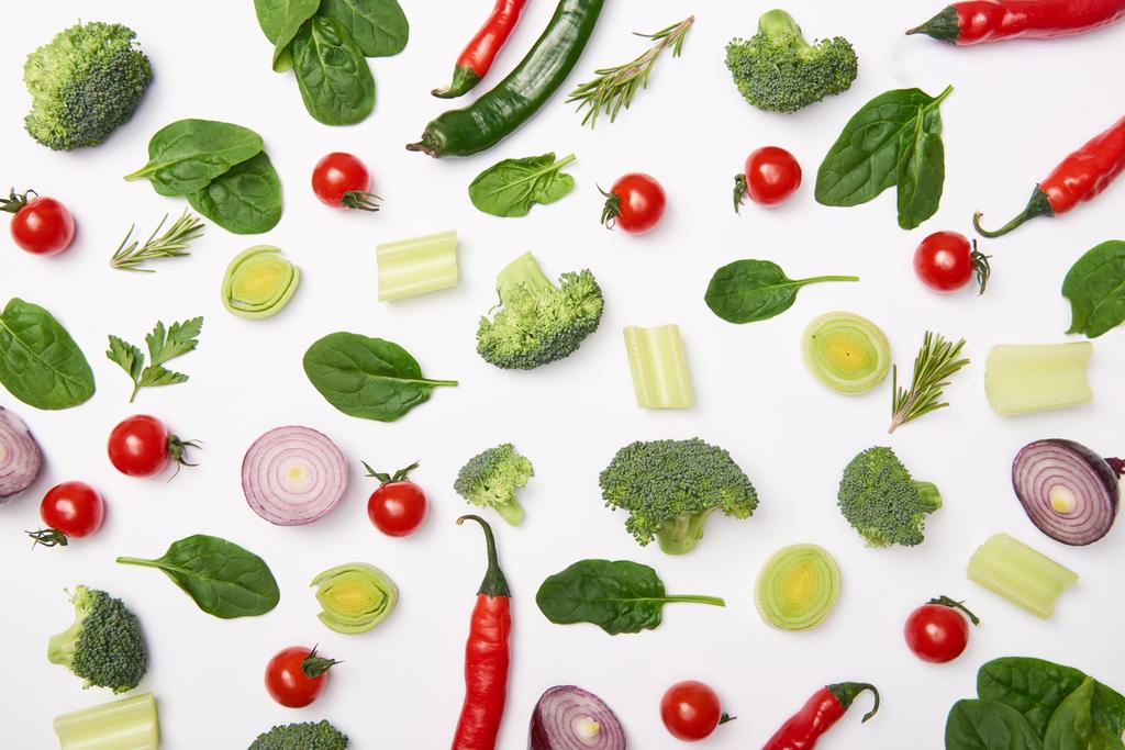 Flat lay with organic vegetables on white background - Photo, Image