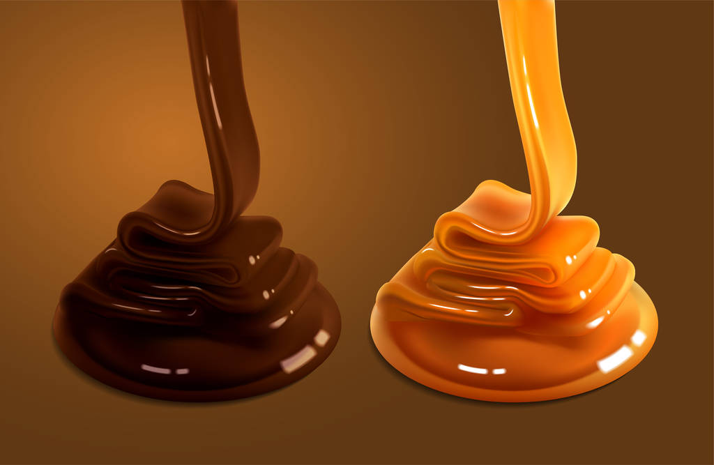 zwei Ströme Karamell von goldener und schokoladefarbener Farbe strömen an die Oberfläche und gefrieren in Wellen. - Vektor, Bild