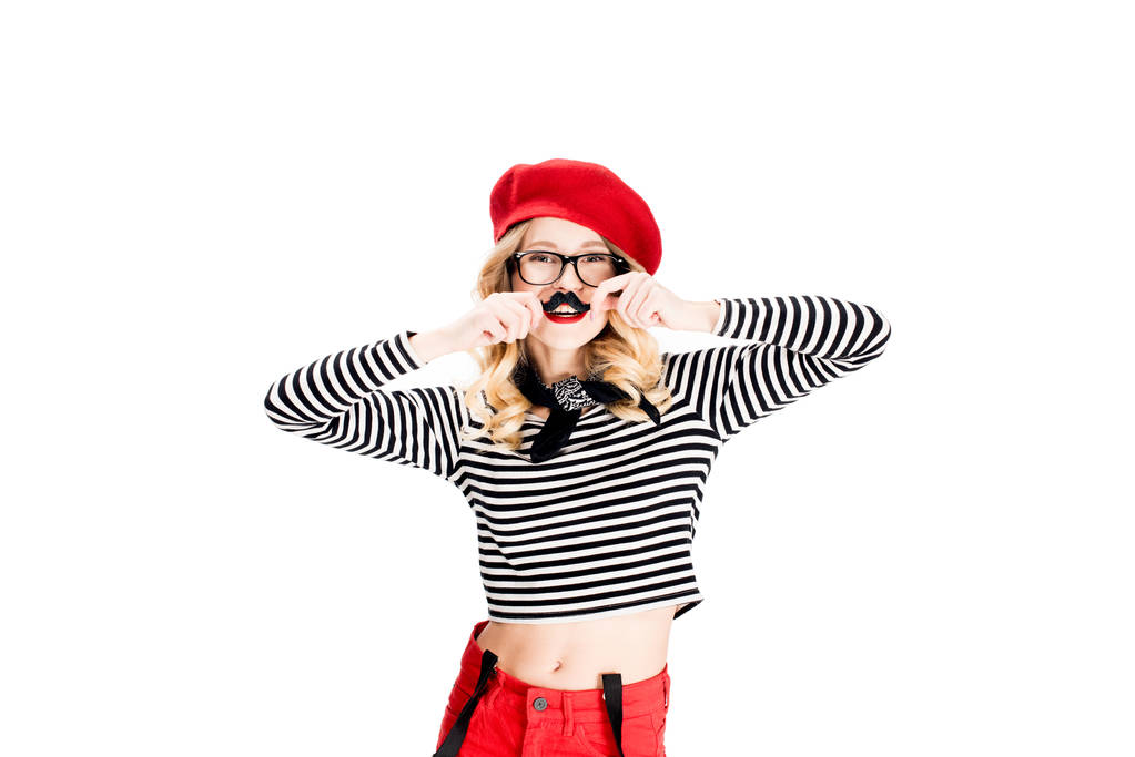 funny blonde woman in glasses holding fake mustache near face isolated on white  - Photo, Image