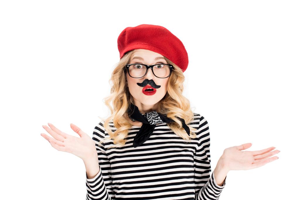 surprised woman in glasses with fake mustache isolated on white  - Photo, Image