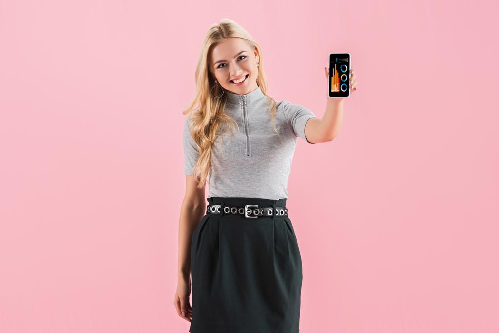 smiling blonde girl showing smartphone with graphs on screen, isolated on pink - Photo, Image