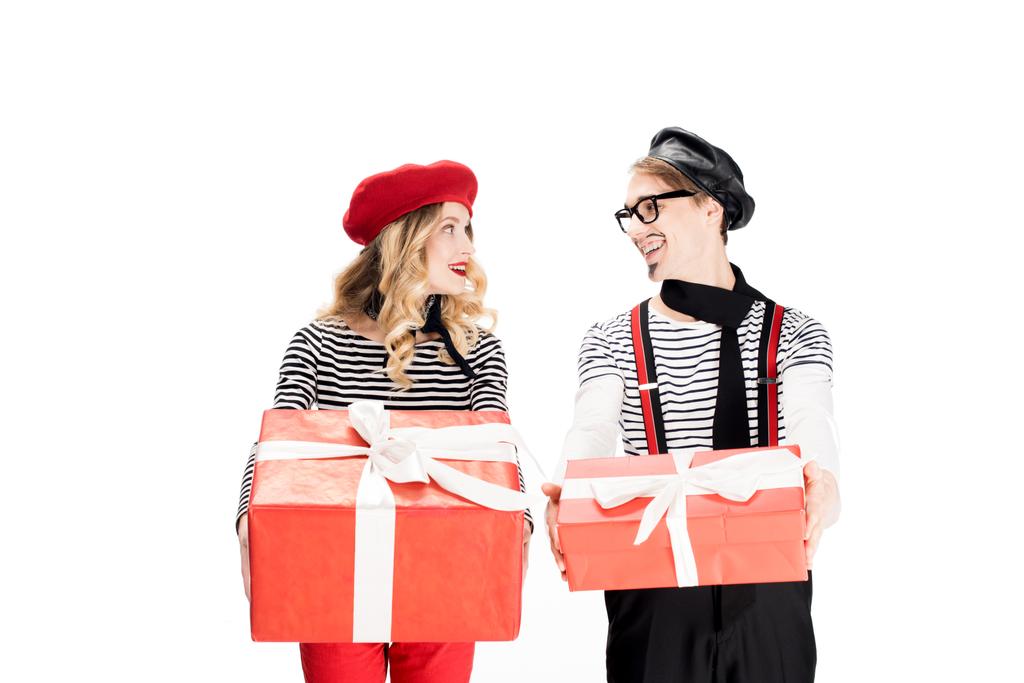 french man looking at attractive woman holding gift box isolated on white  - Photo, Image