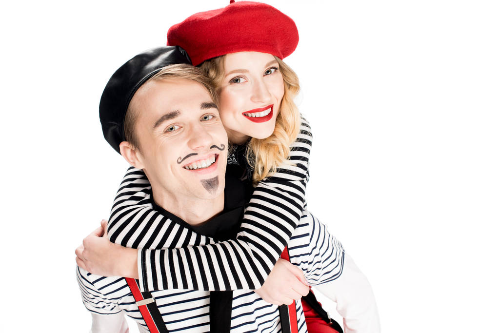 cheerful woman hugging french man with mustache isolated on white  - Photo, Image