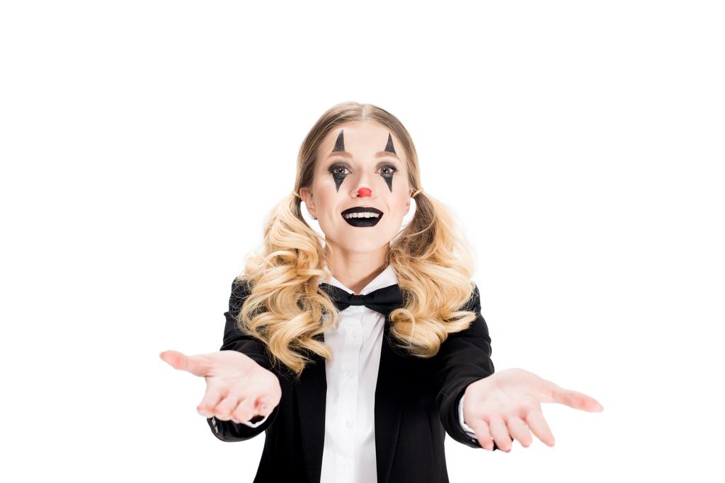 happy female clown showing welcome gesture isolated on white  - Photo, Image